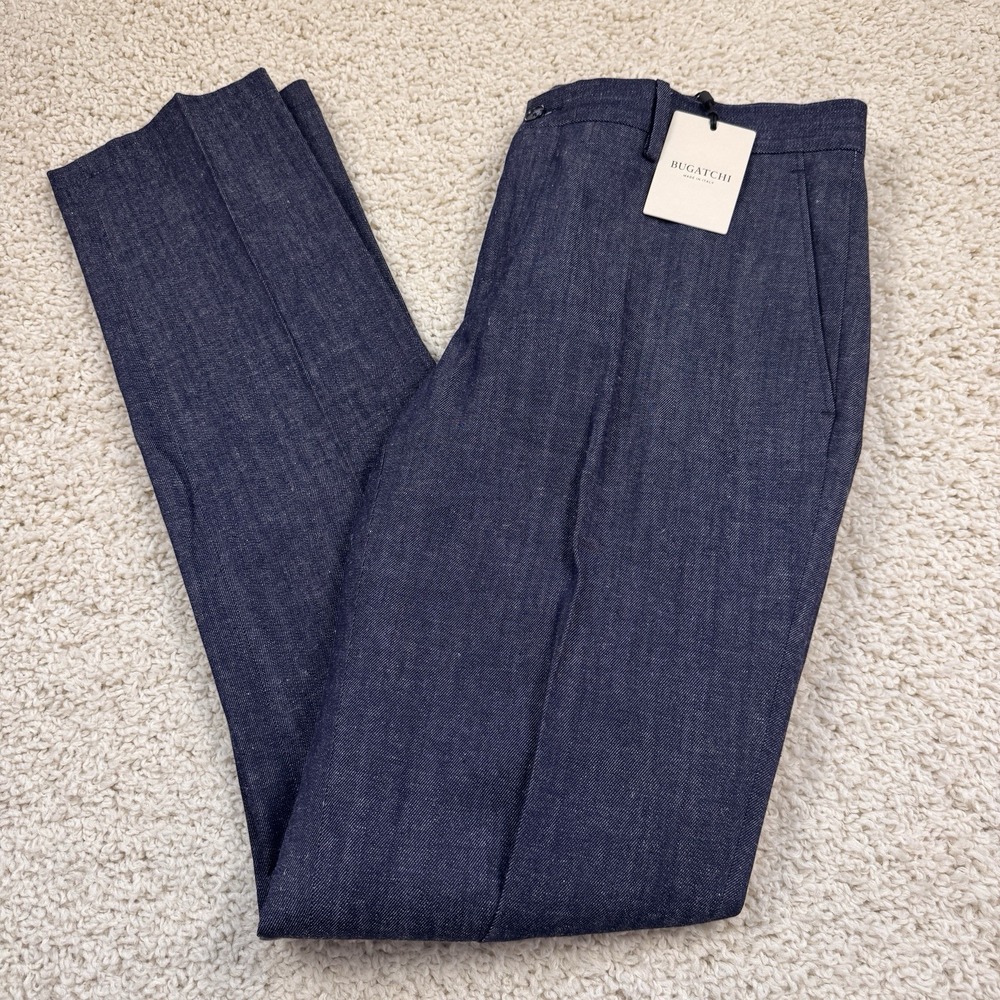 NWT Bugatchi Men's Pants 32 Indigo Linen Cotton Made Italy Dress Trousers $398